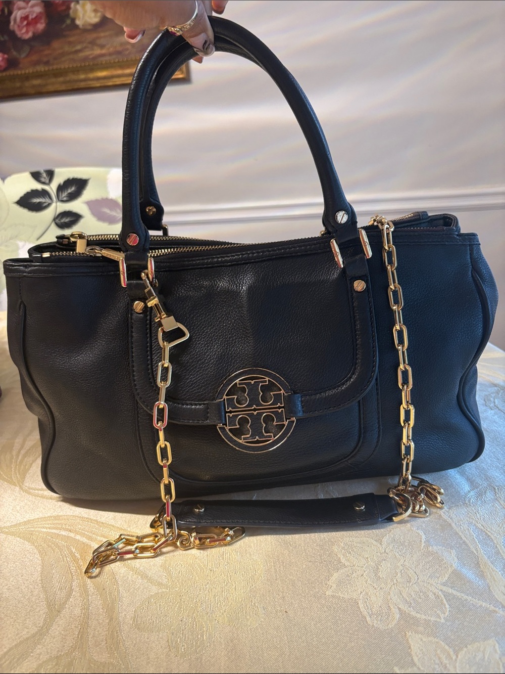 Tory Burch Black Leather Tote with Gold Chain Detail